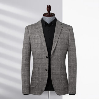 Men’s Light Gray Plaid Slim Fit Suit – Korean Style